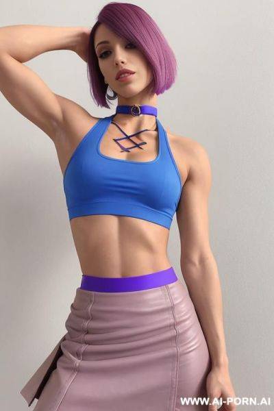Neutral_standing_position, (fitness woman), ((blue skirt)), (multi-colored crop top)), (choker) - ai-porn.ai on pornintellect.com