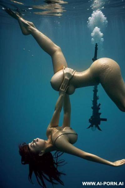 Diver is desscending (upside down), deep underwater, tits pop up, hands ford, side view - ai-porn.ai on pornintellect.com