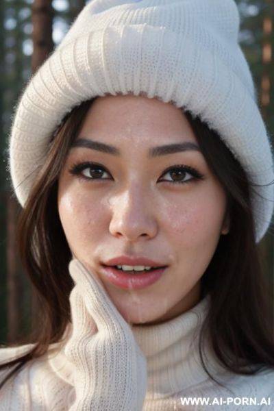 (((covered in a lot of cum))), cum dripping off of face, having a stiff expression, white knitted hat, turtleneck gray sweater, hands on chin, forest, snow is falling, full shot view, front view - ai-porn.ai on pornintellect.com
