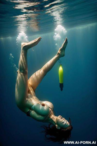 Diver is descending (upside down), deep underwater, hands ford (((most realistic photo))), side view - ai-porn.ai on pornintellect.com