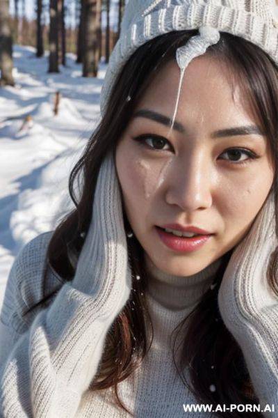 (((covered in a lot of cum))), cum dripping off of face, slightly angry face, white knitted hat, turtleneck gray sweater, hands on chin, forest, snow is falling, full shot view, front view - ai-porn.ai on pornintellect.com