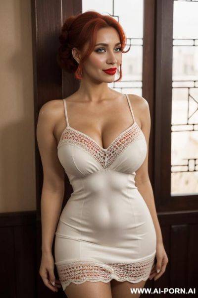 Red lipstick, very long hair, white gorgeous cacked woman , round soft face , sexy pretty body, wearing crochet see-though spagetti straps summer short dress - ai-porn.ai on pornintellect.com