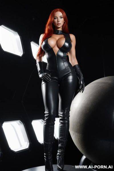 Woman on spaceship with toned body and tanned skin. long flowing red hair. bulging oversized tits. laser in holster. leather trousers. black boots. sleeveless top. black leather gloves. - ai-porn.ai on pornintellect.com