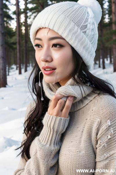 (((covered in a lot of cum))), cum dripping off of face, white knitted hat, turtleneck gray sweater, hands on chin, forest, snow is falling, full shot view, front view - ai-porn.ai on pornintellect.com