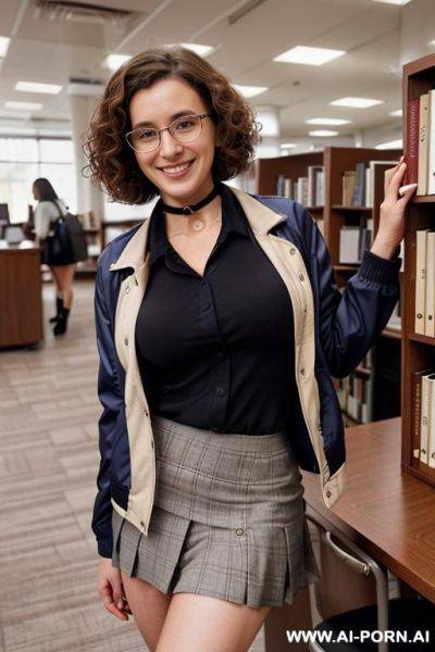 (round glasses), (nerdy), (short hair), (curly hair), (white skin), (cloths on), (librarian), (office skirt), (choker), (s) - ai-porn.ai on pornintellect.com