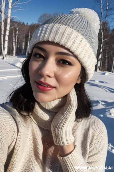 (((covered in a lot of cum))) cum dripping off of face, straight face, white knitted hat, turtleneck gray sweater, hands on chin, forest, snow is falling, selfie - ai-porn.ai on pornintellect.com
