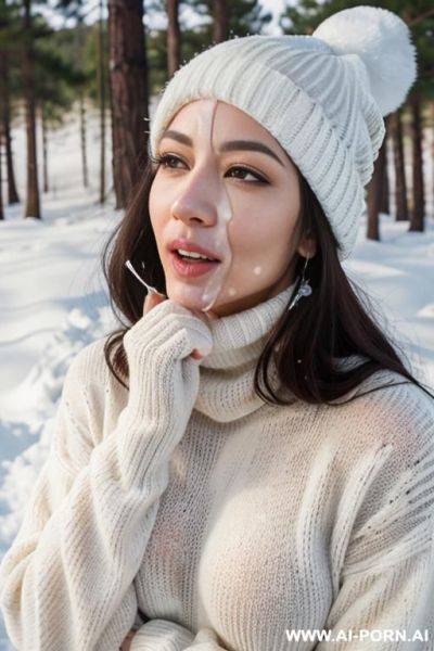 (((covered in a lot of cum))) cum dripping off of face, straight face, white knitted hat, turtleneck gray sweater, hands on chin, forest, snow is falling - ai-porn.ai on pornintellect.com