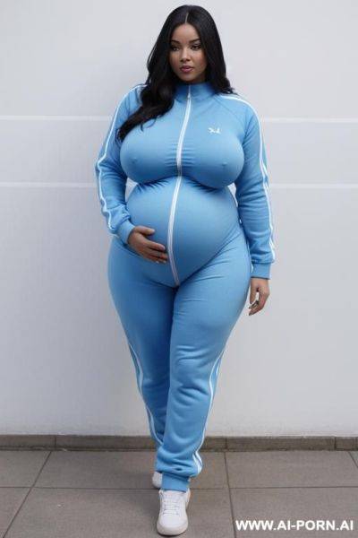 Fat pregnant woman, blue skin. realistic blue skin body. light blue tracksuit. gigantic belly. huge boobs. - ai-porn.ai on pornintellect.com