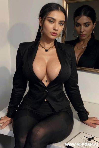 Black fit bbw babe taking a selfie in the mirror, black spandex leggings, black spandex top, pixie haircut - ai-porn.ai on pornintellect.com