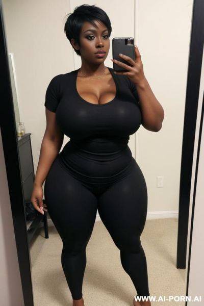 Sexy bimbo, thot, really dark black skin, deep dark black skin color, ultra thicc, bulked up thighs, tight shirt, extremely gigantic boobs, perfect eyes - ai-porn.ai on pornintellect.com