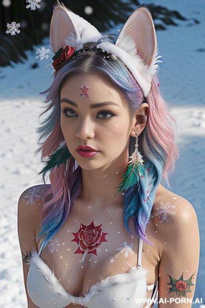Face, sexy, beautiful, ((face painting)), ((bikini as seashell)), ((tattoo roses)), ((eyes shw)), ((angel wings)), ((rainbow hair)), ((long bu hair)), ((wind)), (( cat face)), (( cat ears)), (((feather - ai-porn.ai on pornintellect.com