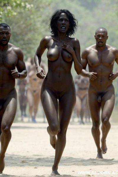 A naked white woman is running away. she is being pursued by several men with big penises. the men are trying to fuck the woman. the men are black - ai-porn.ai on pornintellect.com