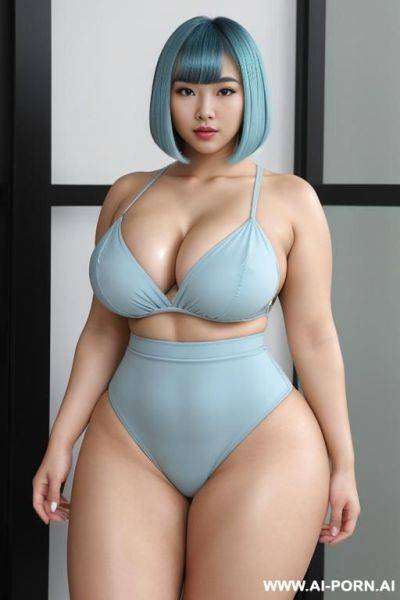 Bob with bangs haircut, light blue hair, beautiful atractive asian woman, huge bulked up thighs, gigantic thighs, strong legs, massive thighs, wide hips, chubby thighs - ai-porn.ai on pornintellect.com