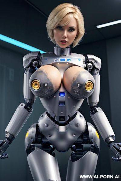 Robotic police officer, pretty face, short blonde hair, (fully robotic body, athletic body, shapely legs, shapely arms, hands, huge robotic tits:1.3) - ai-porn.ai on pornintellect.com