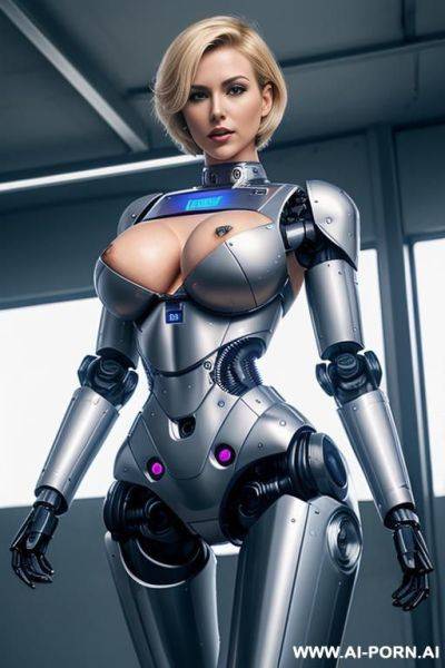 Robotic police officer, pretty face, short blonde hair, (fully robotic body, athletic body, shapely legs, shapely arms, huge robotic tits:1.1) - ai-porn.ai on pornintellect.com