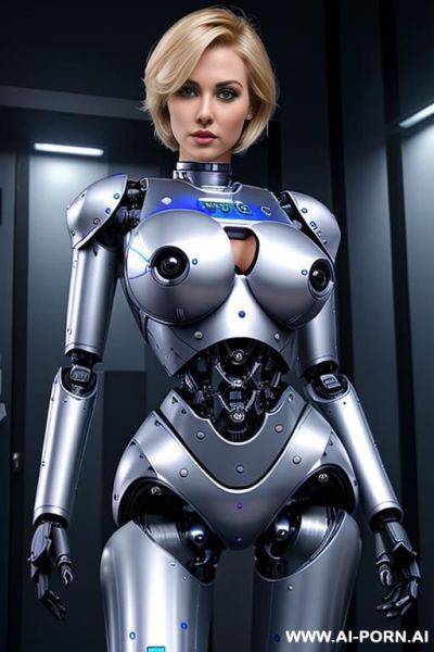 Robotic police officer, pretty face, short blonde hair, (fully robotic body, athletic body, shapely legs, shapely arms, massive robotic tits:1.2) - ai-porn.ai on pornintellect.com