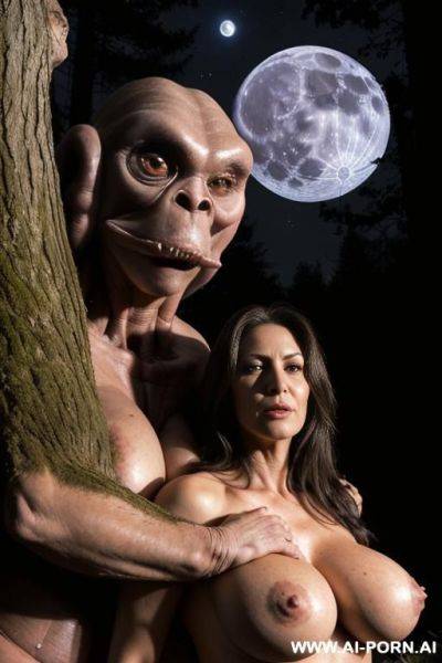 A huge space stranger (monstrously humanoid) with a big cock, (humanoid (not a woman) surprisingly impressive) ((looks terrible)), woman hugging humanoid, humanoid kissing a woman on the lips full bodies vision - ai-porn.ai on pornintellect.com