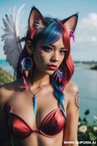 Face, sexy, beautiful, ((face painting)), ((bikini as seashell)), ((tattoo roses)), ((eyes shw)), ((angel wings)), ((rainbow hair)), ((long bu hair)), ((wind)), (( cat face)), (( cat ears)), (((feather - ai-porn.ai on pornintellect.com