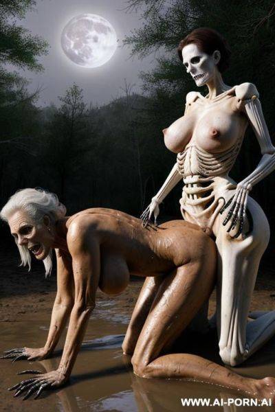 Two characters skeleton (imaginary image) and granny (a real living woman) on the image; desert, midnight, skeleton (fantastic hero in the form of a male skeleton) and granny fuck; granny on - ai-porn.ai on pornintellect.com