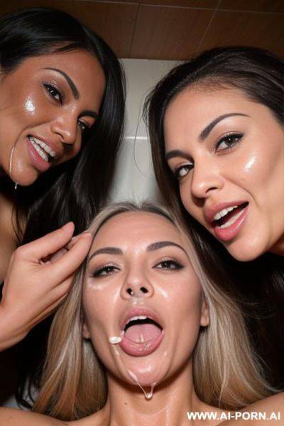 Group of fit naked tanned women with saggy gigantics boobs lies on the floor with open mouth and smilling. - ai-porn.ai on pornintellect.com