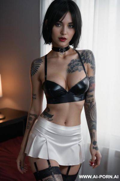 Pov , yue contact ,red choker, red satin tango panties, big firm toned perfectly round breasts, on perfect bedroom, show boobs, boobs, naked boobs, show baked breast, naked breast - ai-porn.ai on pornintellect.com