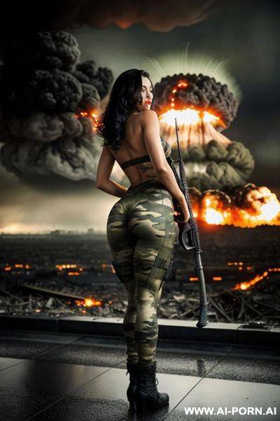 At nigth in the apocalyptic city , cloudy sky fog battle city , ((((atomic bomb explosions landscape)))) , side view horizont looking , from behind , walking sexy pose , oil body , - ai-porn.ai on pornintellect.com