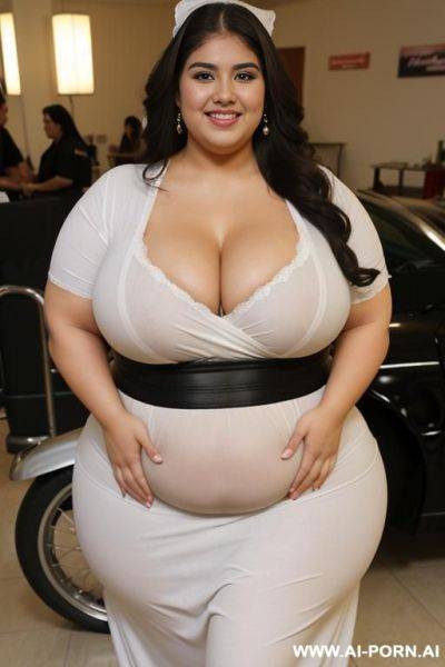 Mexican, bimbo, ssbbw, rotund figure, huge, big nose, very pear shaped, extra thicc, wide hips, super obese, shopping cart , very tan, long hair, tight black tshirt - ai-porn.ai - Mexico on pornintellect.com