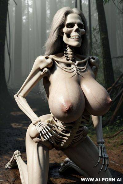 Characters on the image : skeleton (imaginary image) and granny (a real living beautiful woman); swamp in the rainforest, skeleton (fantastic male) in the form of a male skeleton), skeleton fuck - ai-porn.ai on pornintellect.com