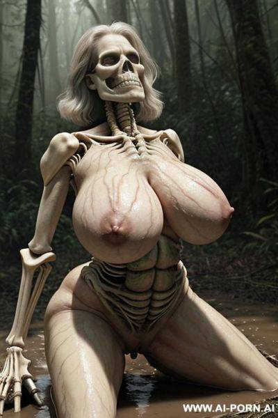Two characters: skeleton (imaginary image) and granny (a real living beautiful woman) on the image; swamp in the rainforest, skeleton (fantastic male) in the form of a male skeleton), skeleton - ai-porn.ai on pornintellect.com