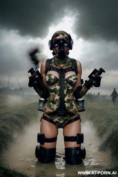 Cloudy sky fog in the trench of a battlefield , bomb explosions crossfire landscape , keep same face , horizont looking , knee sexy pose , mud-stained body , camouflage thong , topless huge - ai-porn.ai on pornintellect.com