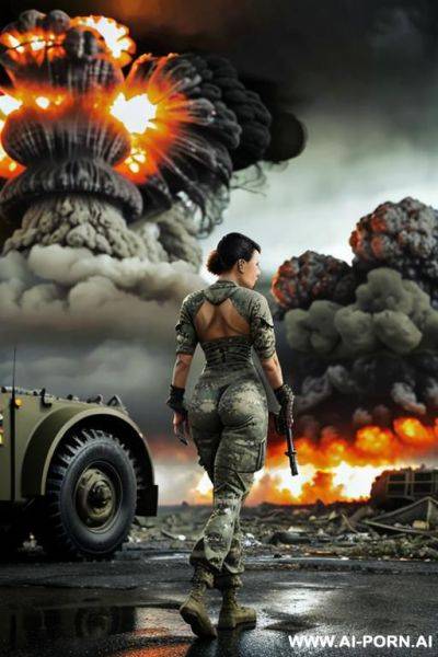 At nigth in the apocalyptic city , cloudy sky fog battle city , ((((atomic bomb explosions landscape)))) , horizont looking , from behind walking sexy pose , oil body , tight lycra pants - ai-porn.ai on pornintellect.com