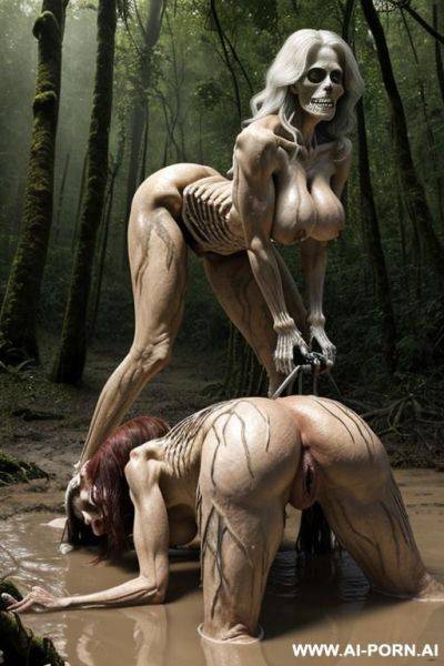 Skeleton (imaginary image) and granny (a real ordinary woman) on the image; swamp in the rainforest, skeleton (fantastic male in the form of a human male skeleton), skeleton fuck granny; granny - ai-porn.ai on pornintellect.com