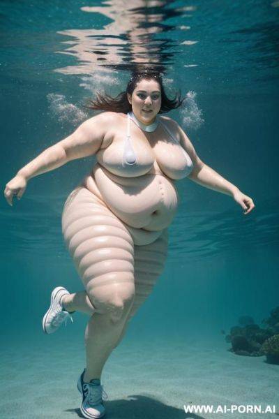 Underwater full body view of naked obese woman swimming wearing only (sneakers and white choker) in frame - ai-porn.ai on pornintellect.com