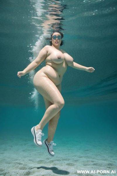 Underwater full body view of naked chubby woman swimming wearing only (sneakers) in frame - ai-porn.ai on pornintellect.com