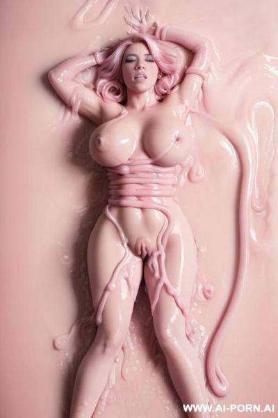 ((hyper realistic)), ((beautiful pretty blonde model)), ((blonde hair))), sleepy eyes, ((pily shiny skin)), pink eyes, ((covered in pink liquid)), ((covered in pink ooze)), ((covered in pink mucilage)), - ai-porn.ai on pornintellect.com