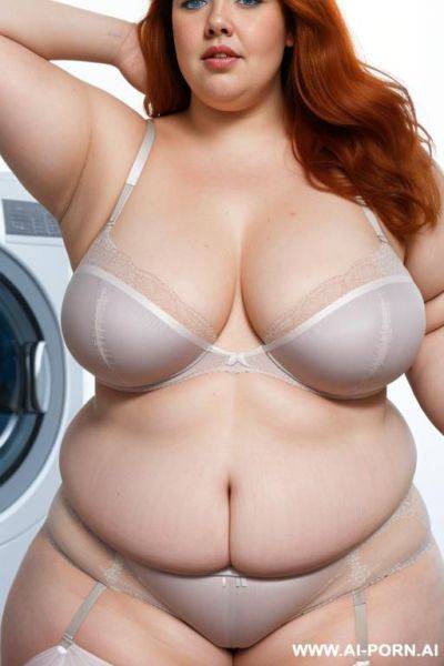 Half-length photo, ((half body photo shot close up)). as a set in the laundry area, a (((very obese))) fat chubby bald british, ((she is washing clothes)). she has lovehandless. she is - ai-porn.ai - Britain on pornintellect.com