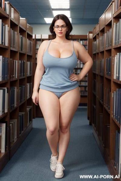 Full body view of nude short librarian naked in ((blue sneakers)), brunette hair up, glasses, oversize boobs, - ai-porn.ai on pornintellect.com