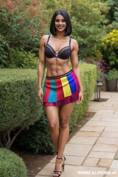 Indian, short hair, fit, abs, muscular arms, big ass, tall, long legs, navel piercing, multicolor bra, multicolor pleat skirt, looking at camera, full body, stiletto, in garden - ai-porn.ai - India on pornintellect.com