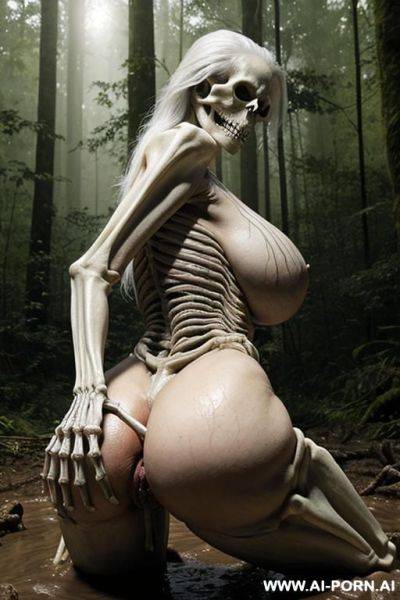 Skeleton man (imaginary image) and granny (a real ordinary woman) on the image; swamp in the rainforest, skeleton (fantastic man in the form of a human male skeleton), skeleton man fuck granny; - ai-porn.ai on pornintellect.com