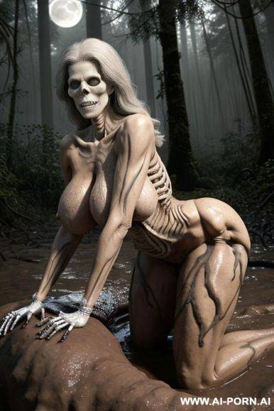 Characters on the image: skeleton (imaginary image) and granny (a real ordinary woman); swamp in the rainforest, skeleton (fantastic male in the form of a human male skeleton), skeleton fuck - ai-porn.ai on pornintellect.com