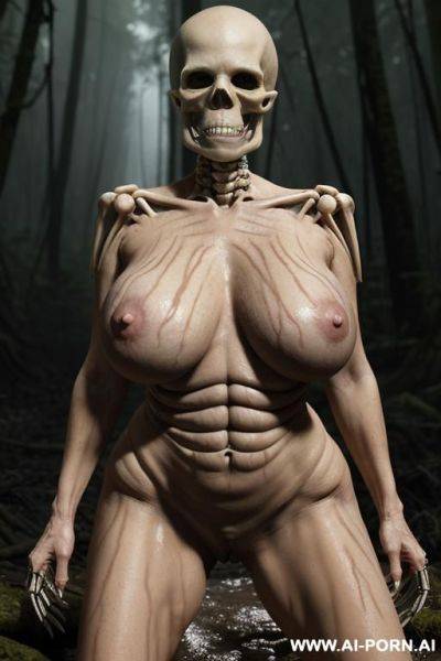 Skeleton (imaginary image) and granny (a real ordinary woman) on the image; swamp in the rainforest, skeleton (fantastic male in the form of a human male skeleton), skeleton fuck granny; granny - ai-porn.ai on pornintellect.com