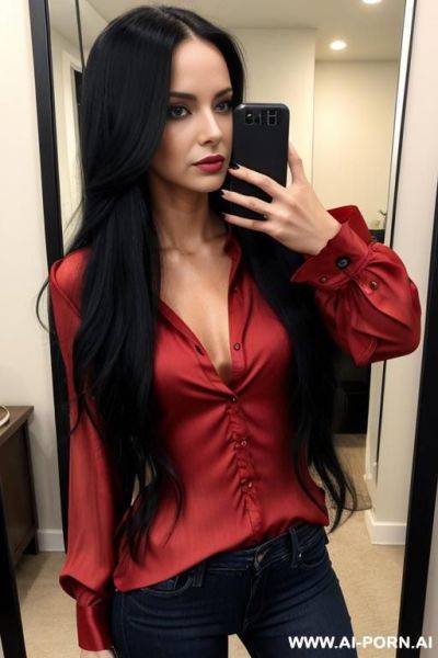Woman long hair red blouse tight jeans selfie photo in the mirror - ai-porn.ai on pornintellect.com