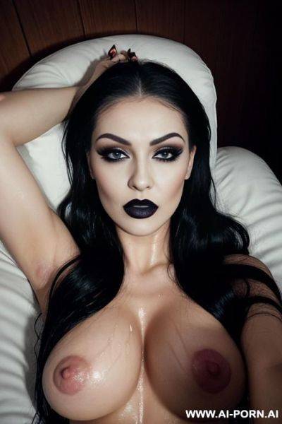 Goth cheap horny easy slut, stub nose, square chin, square jaw, wide cheekbones, garish makeup, plump, fake boobs, lying on her back, spread asscheeks, dripping pussy, wet armpits, big pussy lips - ai-porn.ai on pornintellect.com