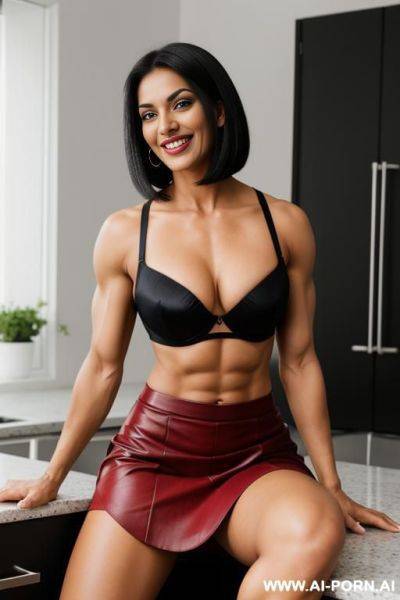 Indian, short hair, fit, abs, muscular arms, big ass, tall, long legs, navel piercing, black and red bra, black and red pleat skirt, looking at camera, full body, stiletto, sitting on kitchen counter, open mouth - ai-porn.ai - India on pornintellect.com