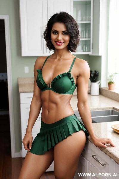 Indian, short hair, fit, abs, muscular arms, big ass, tall, long legs, navel piercing, green frill bra, green pleat skirt, looking at camera, full body, stiletto, in kitchen - ai-porn.ai - India on pornintellect.com