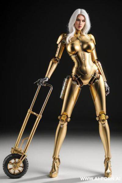 Beautiful real taur female cyborg robot with skin in metal-latex white and gold color, with four meccanic leg and metallic ,with real wheels instead of feet ,enormus boobs ,natural uman face, image hd quality - ai-porn.ai on pornintellect.com