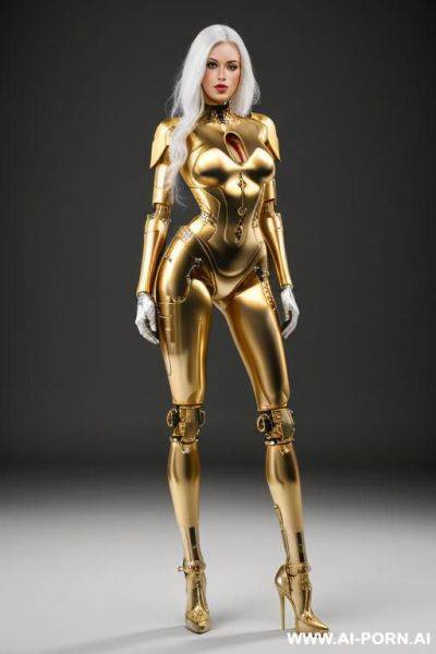 Beautiful real taur female cyborg robot with skin in metal-latex white and gold color, with four meccanic leg and metallic ,enormus boobs ,natural uman face, image hd quality - ai-porn.ai on pornintellect.com