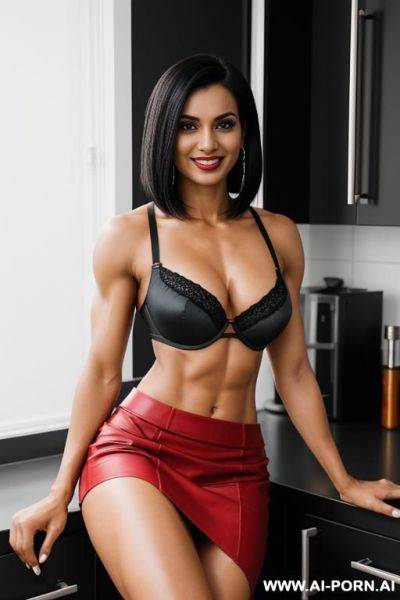 Indian, short hair, fit, abs, muscular arms, big ass, tall, long legs, navel piercing, black and red bra, black and red pleat skirt, looking at camera, full body, stiletto, sitting on kitchen counter - ai-porn.ai - India on pornintellect.com