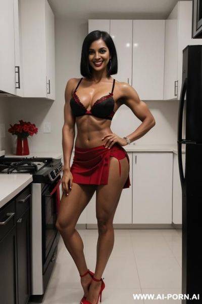 Indian, short hair, fit, abs, muscular arms, big ass, tall, long legs, navel piercing, black and red bra, black and red pleat skirt, looking at camera, full body, stiletto, in kitchen - ai-porn.ai - India on pornintellect.com