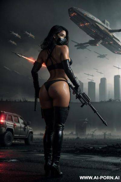 Foggy night in the apocalyptic city , ruined buildings , ((((landscape starships air battle )))), horizont looking , from behind view sexy walking , oil body , black thong , tight t-shirt - ai-porn.ai on pornintellect.com
